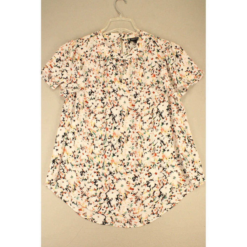 Torrid Blouse Floral Split Neck Womens 00 White Polyester Short Sleeve Boho Top